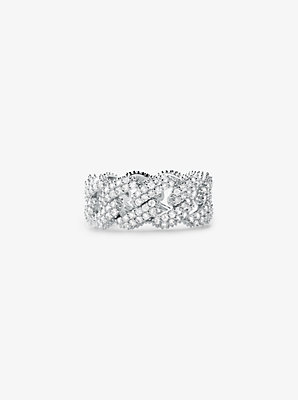 Precious Metal-Plated Sterling Silver Pavé Curb Link Ring - Best Clearance Deal