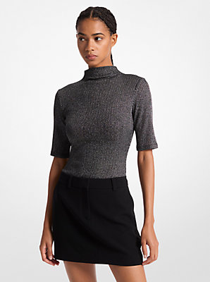 Ribbed Metallic Funnel Neck Top - Flash Sale: Unbeatable Bargain on Metallic Fashion