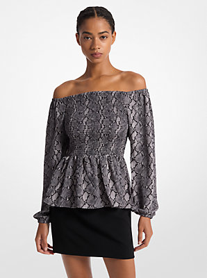 Snake Print Satin Back Crepe Off-The-Shoulder Blouse - Best Clearance Deal on Fashionable Blouses